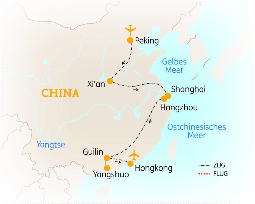 Karte von China mit wichtigen Städten wie Peking, Xi'an, Shanghai, Hangzhou, Guilin, Yangshuo und Hongkong.