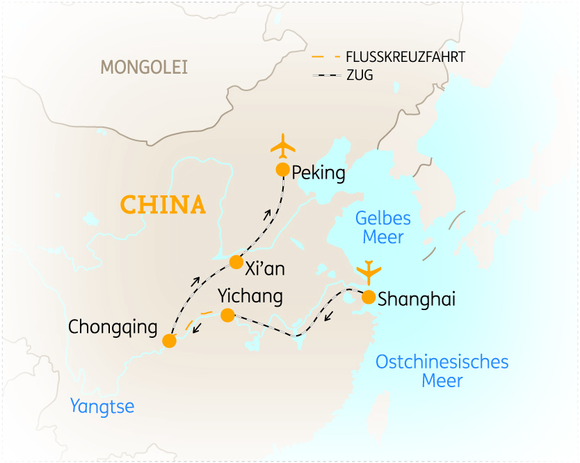 Karte von China mit wichtigen Städten wie Peking, Xi'an, Chongqing, Yichang und Shanghai sowie Gewässern wie dem Gelben und Ostchinesischen Meer.