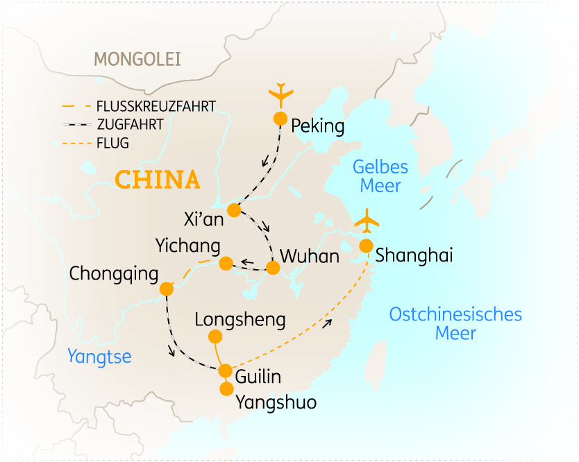 Karte von China mit wichtigen Städten wie Peking, Shanghai und Wuhan sowie Reiseverbindungen.