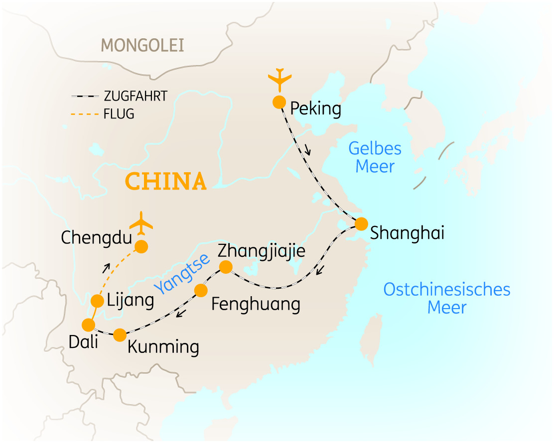 Karte von China mit wichtigen Städten und Transportwegen, einschließlich Zug- und Flugverbindungen.