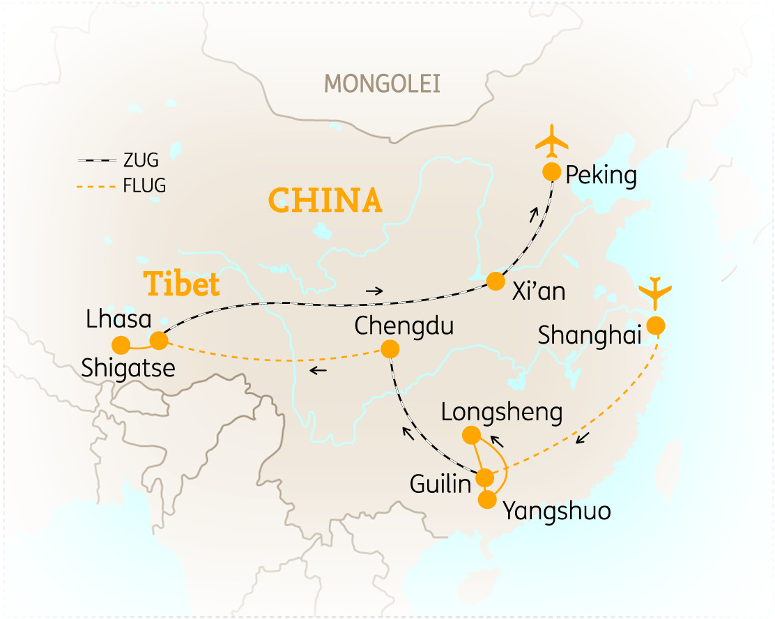 Karte von China mit wichtigen Städten und Reiserouten, einschließlich Peking, Xi’an und Shanghai.