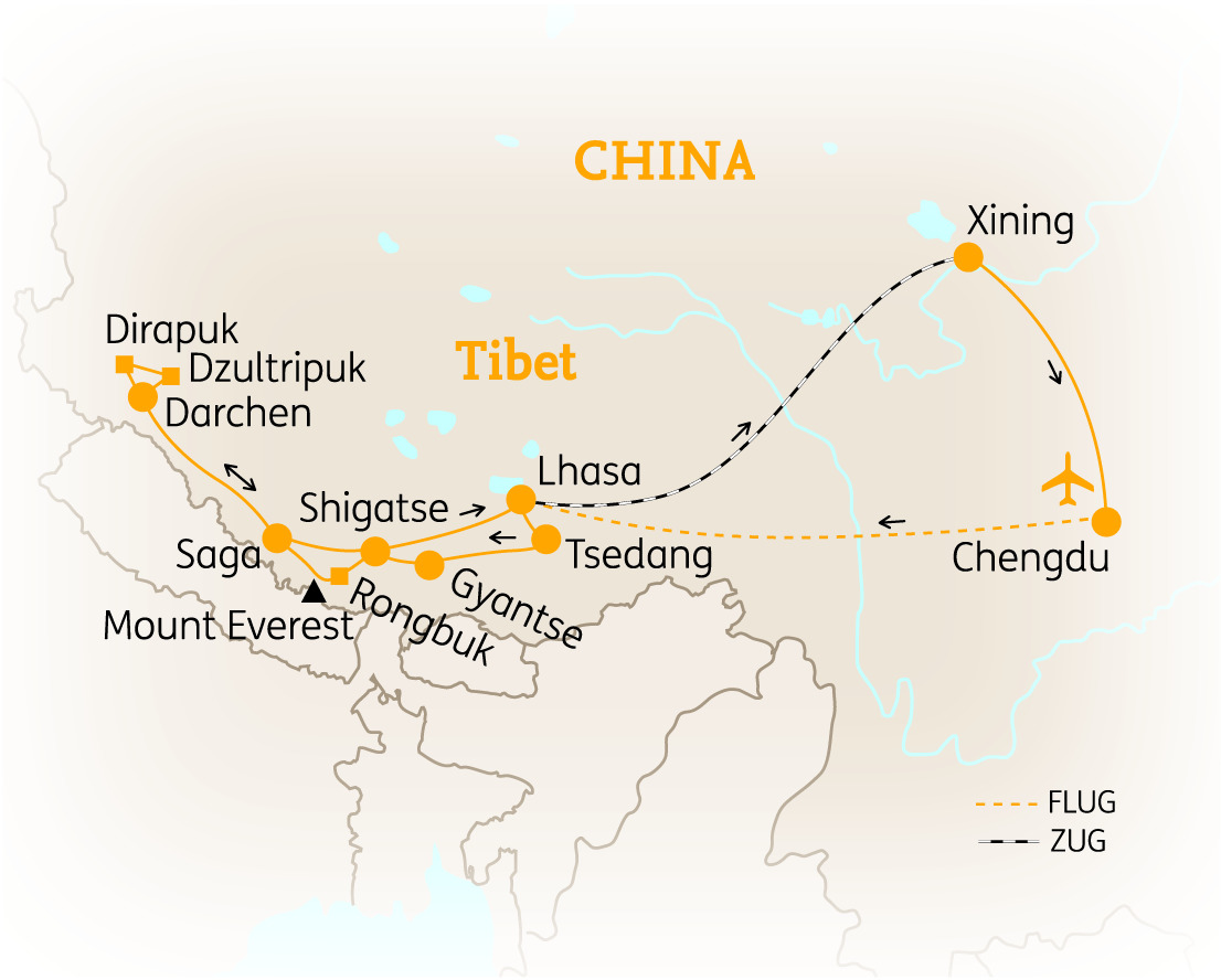 Karte von China und Tibet mit wichtigen Städten und Routen, einschließlich Mount Everest.