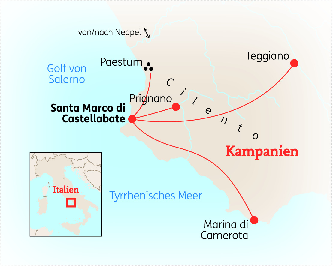 Karte des Cilento mit wichtigen Orten wie Paestum und Santa Marco di Castellabate in Italien.