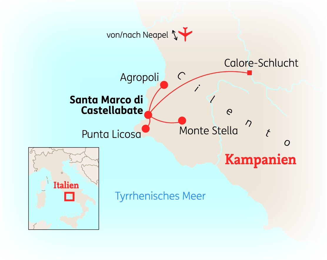 Karte von Cilento in Italien mit Städten wie Santa Marco di Castellabate und Punta Licosa.