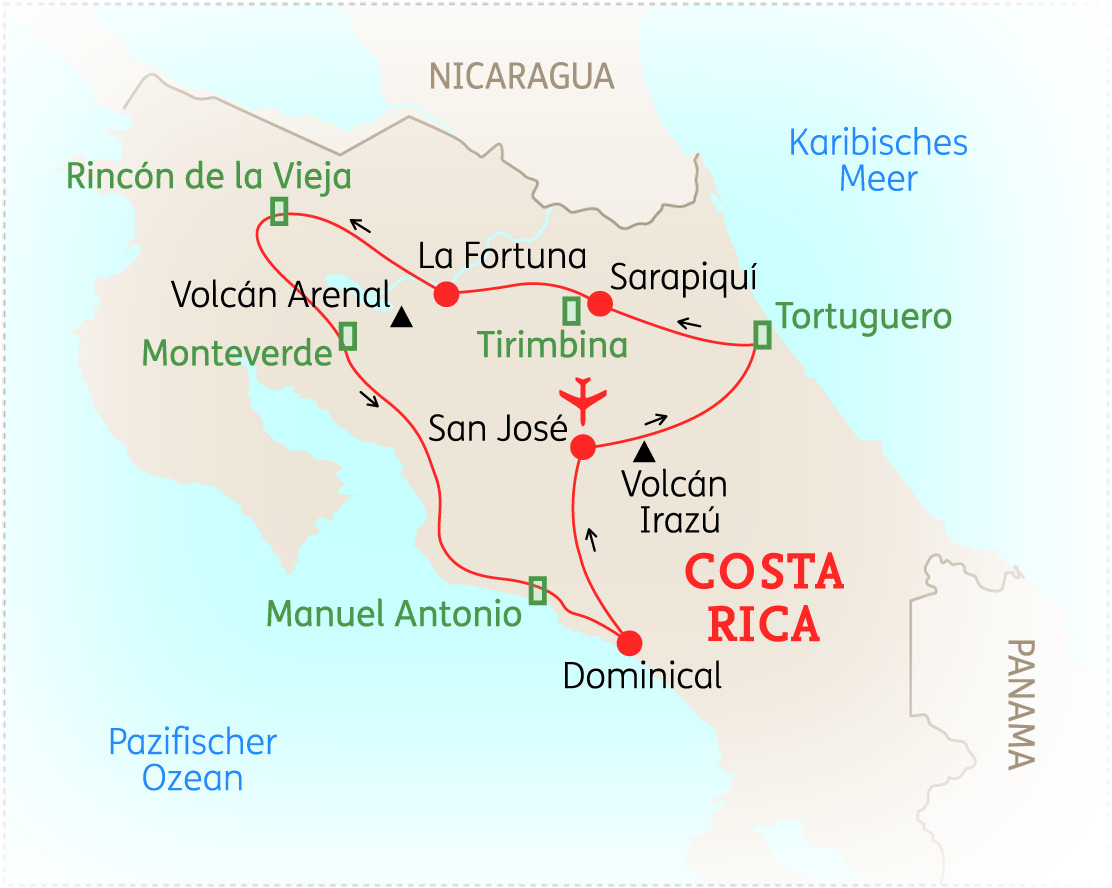Karte von Costa Rica mit wichtigen Städten und Sehenswürdigkeiten wie San José, La Fortuna und Tortuguero.
