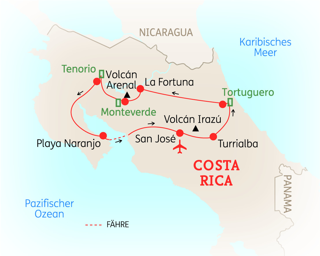 Karte von Costa Rica mit wichtigen Städten und Sehenswürdigkeiten, einschließlich Vulkanen und Nationalparks.