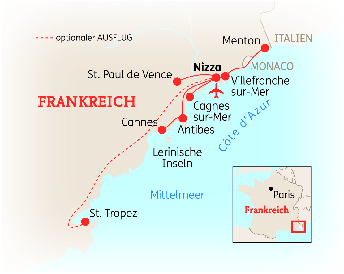 Karte von Côte d'Azur in Frankreich mit Städten wie Nizza, Monaco und St. Tropez.