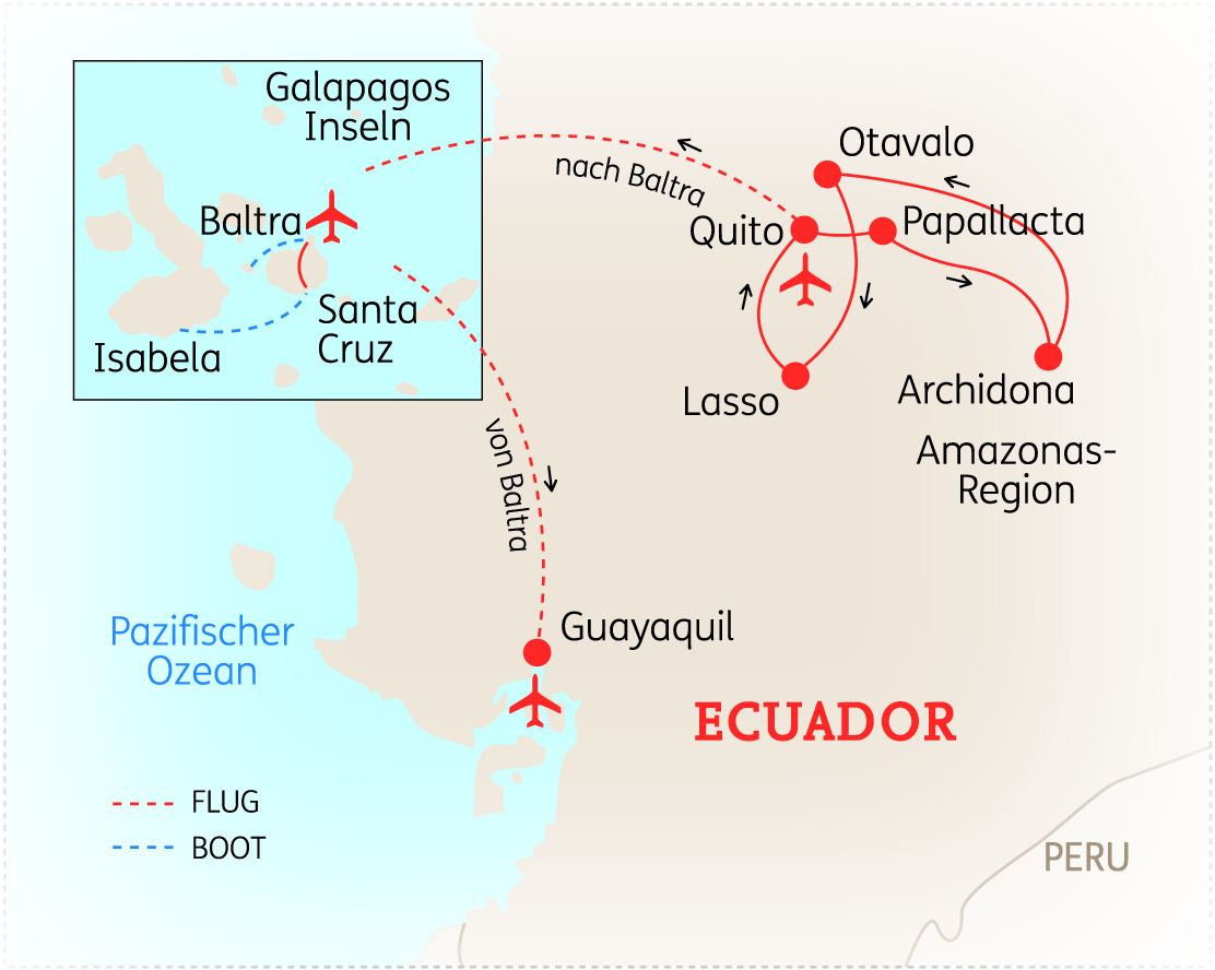 Karte von Ecuador mit wichtigen Städten und Routen zu den Galapagos Inseln, einschließlich Quito und Guayaquil.