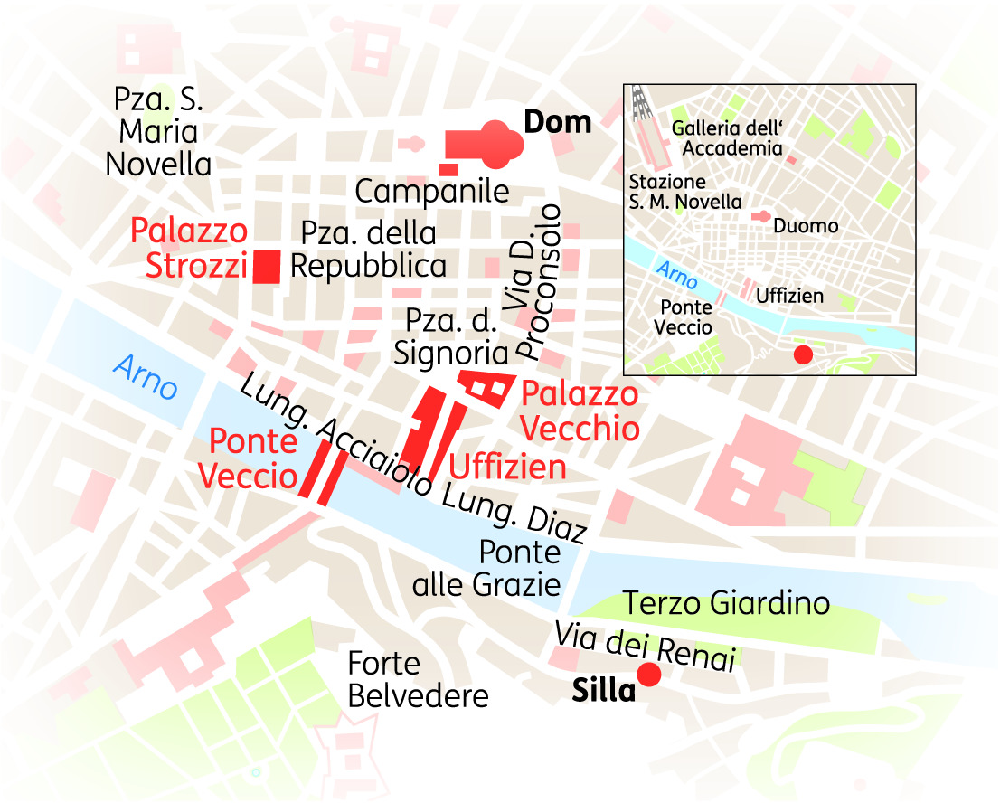 Karte von Florenz mit wichtigen Sehenswürdigkeiten wie Ponte Vecchio und Uffizien in detaillierter Darstellung.