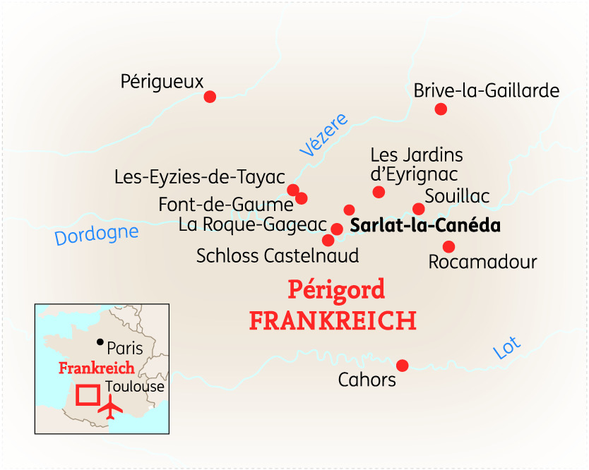 Karte von Périgord in Frankreich mit wichtigen Städten und Orten wie Sarlat-la-Canéda und Brive-la-Gaillarde.