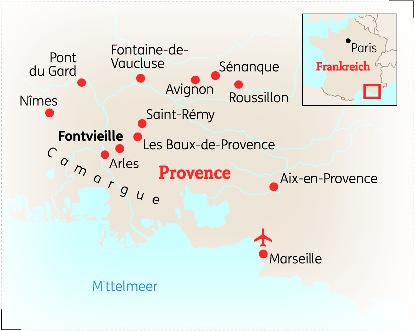 Karte von Frankreich mit den wichtigsten Städten und Regionen, einschließlich Provence und Marseille.