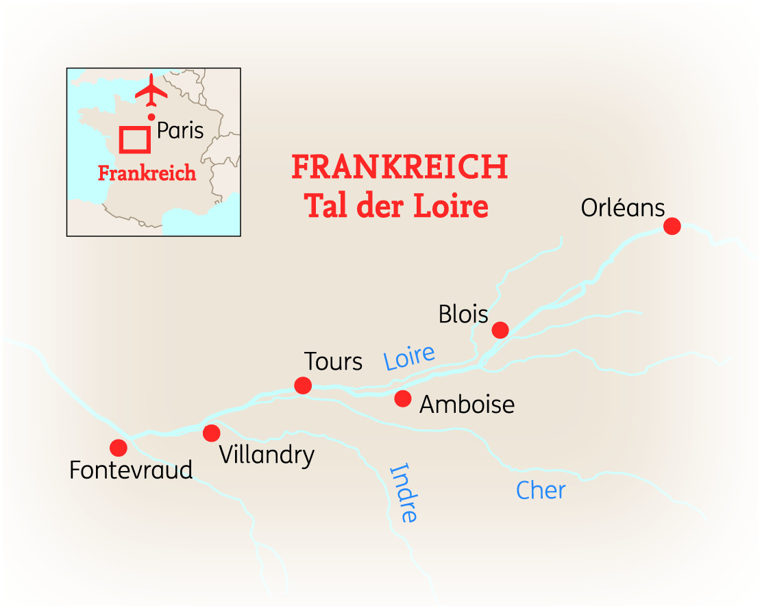 Karte von Frankreich mit dem Tal der Loire und wichtigen Städten wie Orléans, Tours und Blois.