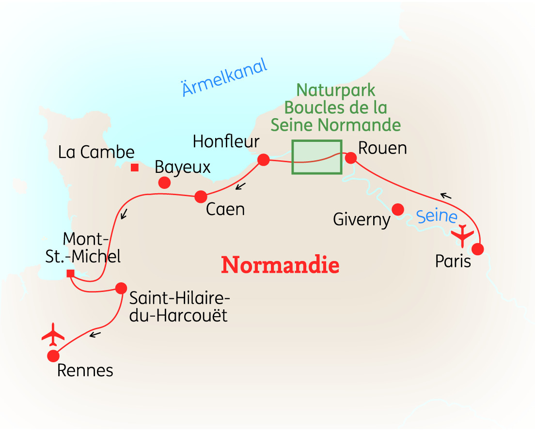 Karte der Normandie mit wichtigen Städten und Sehenswürdigkeiten, einschließlich Paris und Mont-Saint-Michel.
