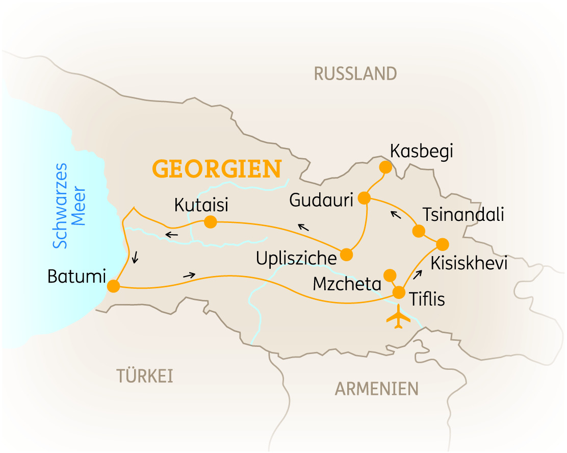 Karte von Georgien mit wichtigen Städten und Routen, einschließlich Batumi und Tiflis.