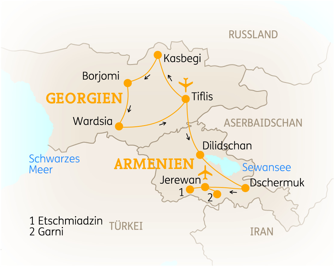 Karte von Georgien und Armenien mit markierten Städten und Routen.