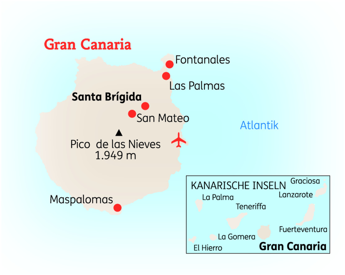 Karte von Gran Canaria mit wichtigen Orten wie Las Palmas und Maspalomas, sowie Höhenangaben.