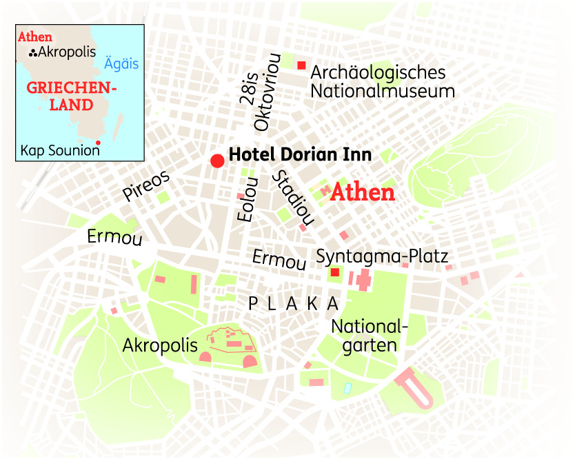 Karte von Athen, Griechenland, mit wichtigen Sehenswürdigkeiten wie der Akropolis und dem Hotel Dorian Inn.