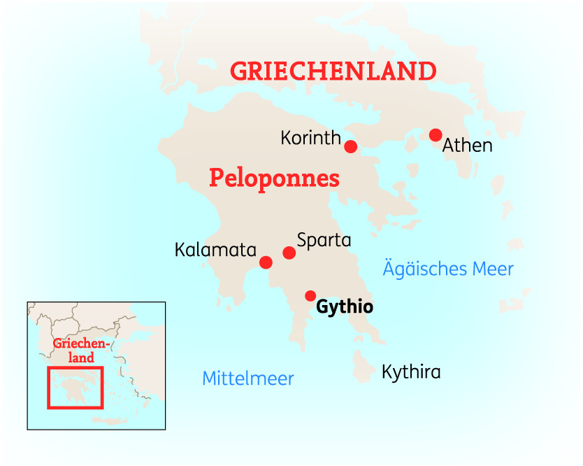 Karte von Griechenland mit markierten Städten wie Athen, Sparta und Gythio auf dem Peloponnes.
