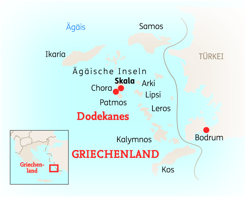 Karte von Griechenland mit den Dodekanes-Inseln und wichtigen Städten wie Bodrum und Kos.