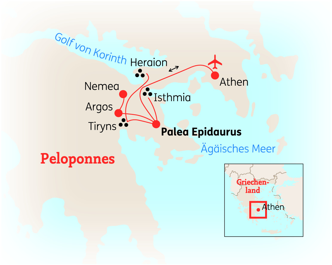 Karte von Griechenland mit markierten Orten wie Athen, Peloponnes und Heraklion.