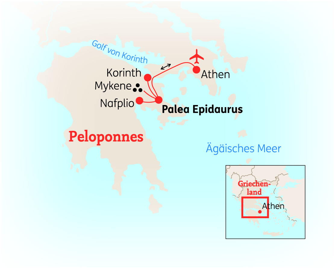 Karte von Griechenland mit markierten Städten und Regionen, einschließlich Athen und Peloponnes.