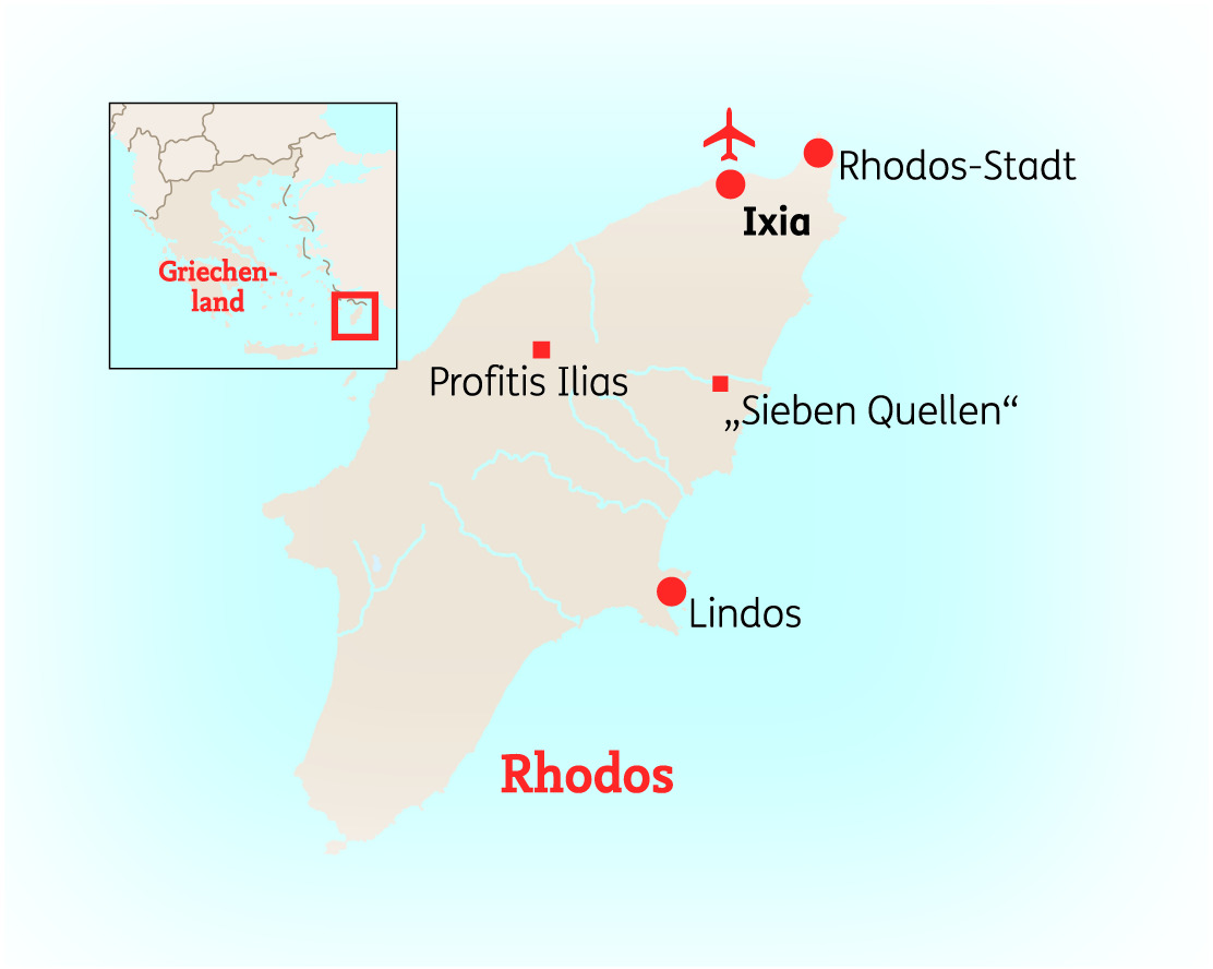 Karte von Rhodos in Griechenland mit wichtigen Orten wie Rhodos-Stadt, Ixia und Lindos.