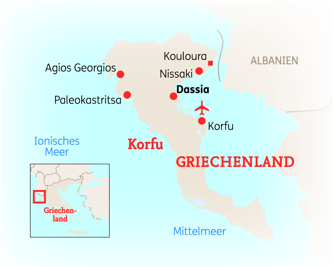 Karte von Korfu in Griechenland mit markierten Orten wie Dassia und Agios Georgios.