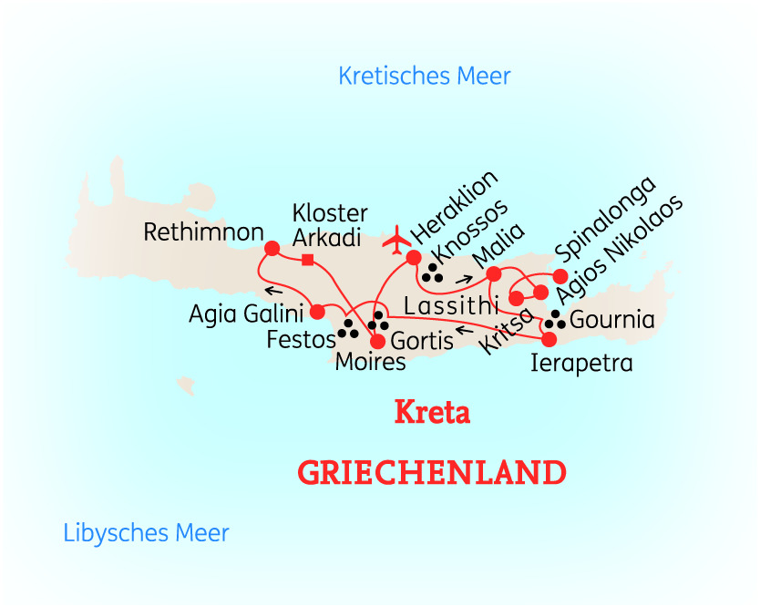 Karte von Kreta in Griechenland mit wichtigen Städten und Sehenswürdigkeiten.
