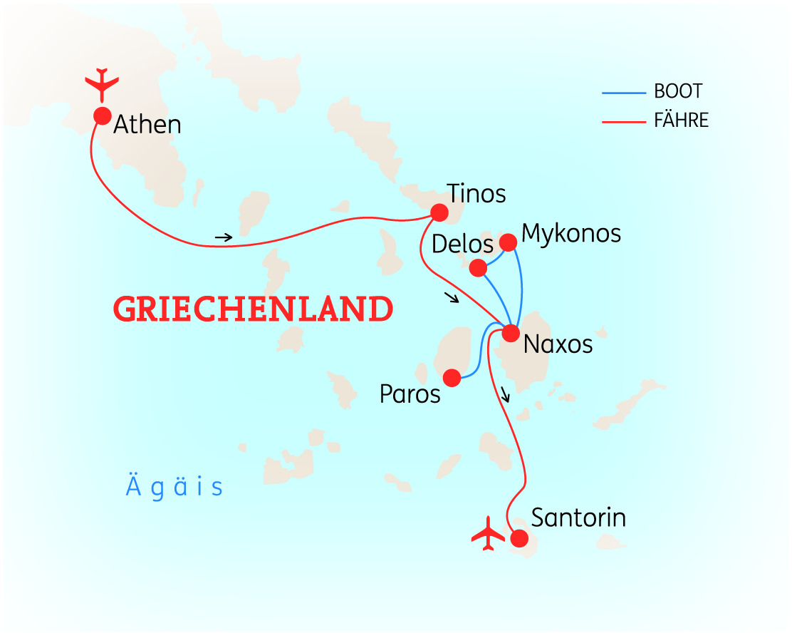 Karte von Griechenland mit wichtigen Inseln und Städten, einschließlich Athen, Tinos und Santorin.