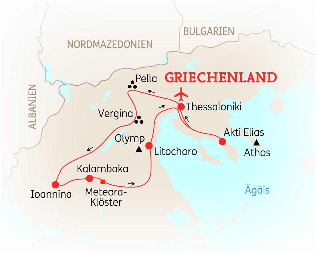 Karte von Griechenland mit markierten Städten und Sehenswürdigkeiten wie Thessaloniki, Olymp und Meteora-Kloster.
