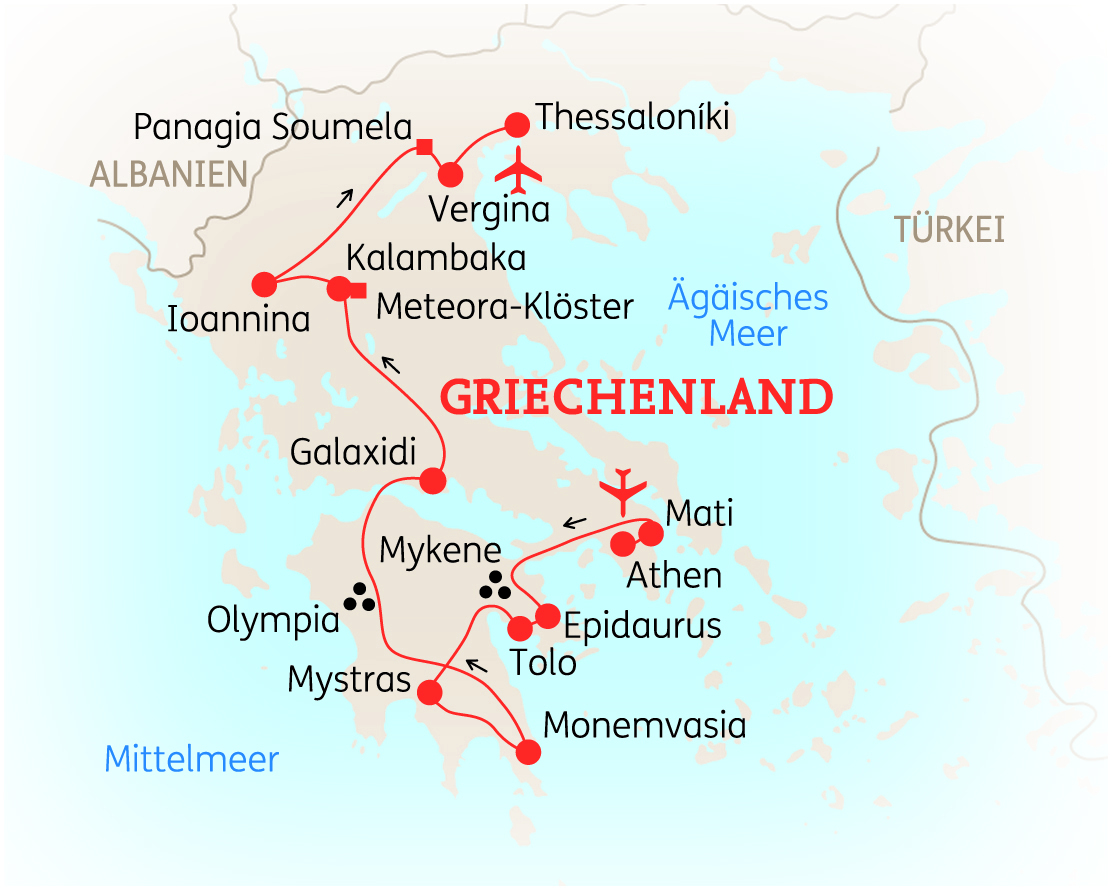 Karte von Griechenland mit wichtigen Städten und Sehenswürdigkeiten, einschließlich Mykene und Athen.