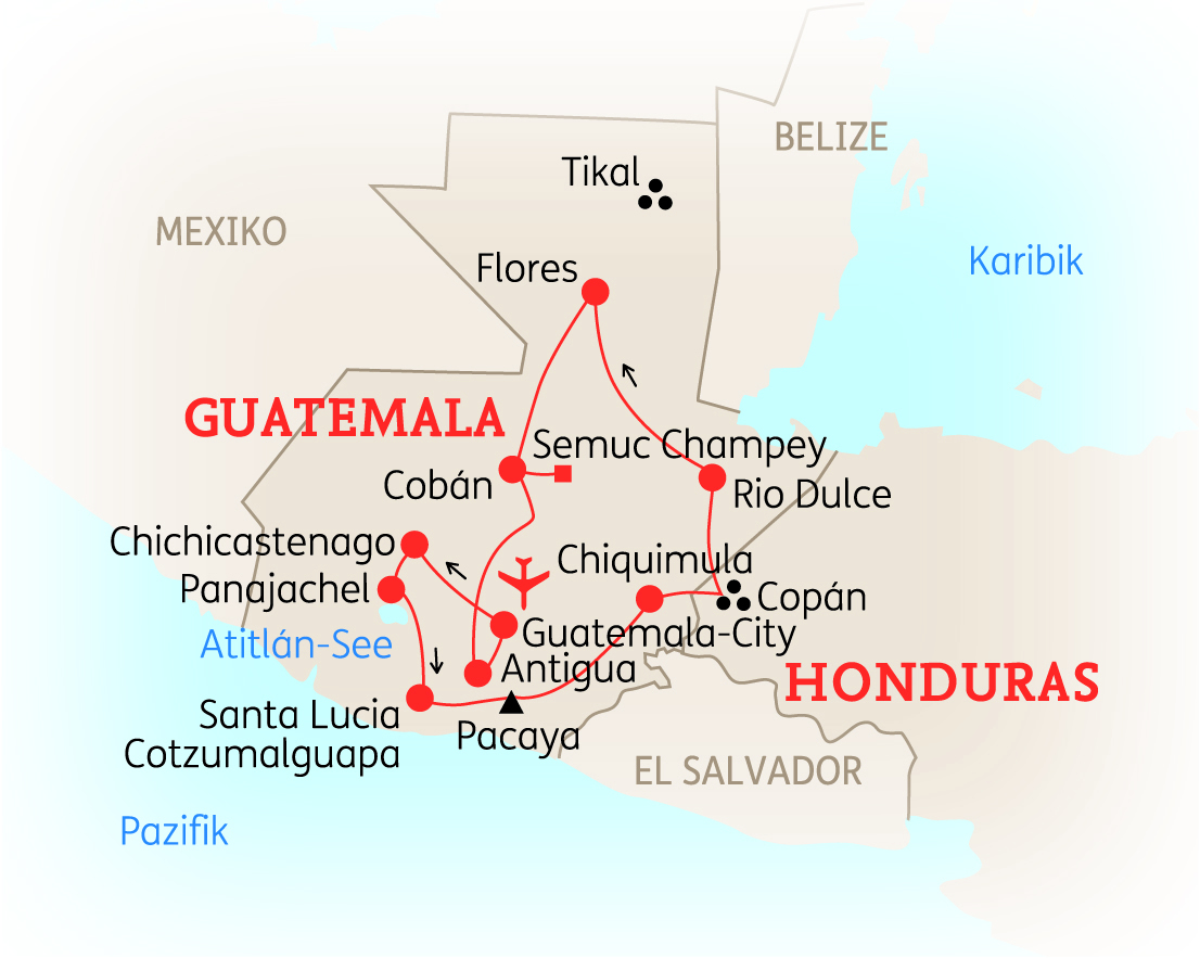 Karte von Guatemala und Honduras mit wichtigen Städten und Sehenswürdigkeiten wie Tikal und Flores.