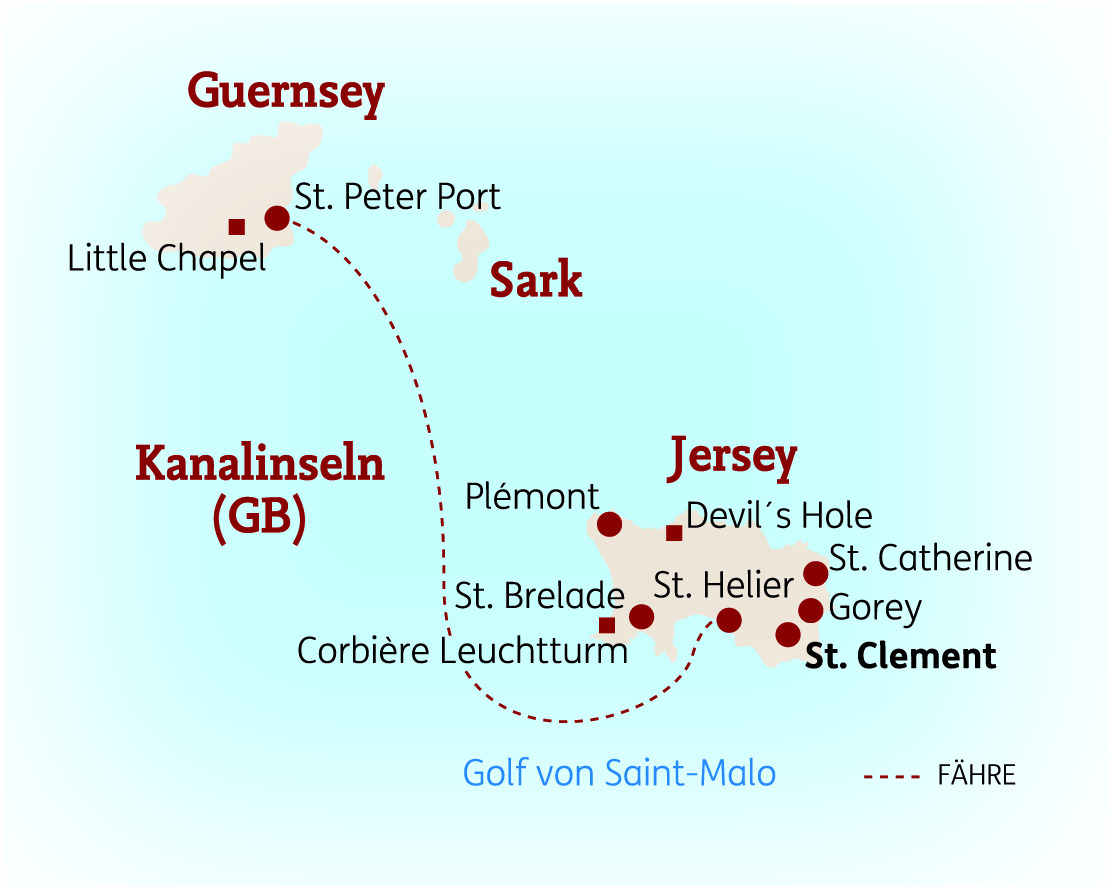 Karte von Guernsey, Jersey und Sark mit wichtigen Orten und Fährverbindungen.