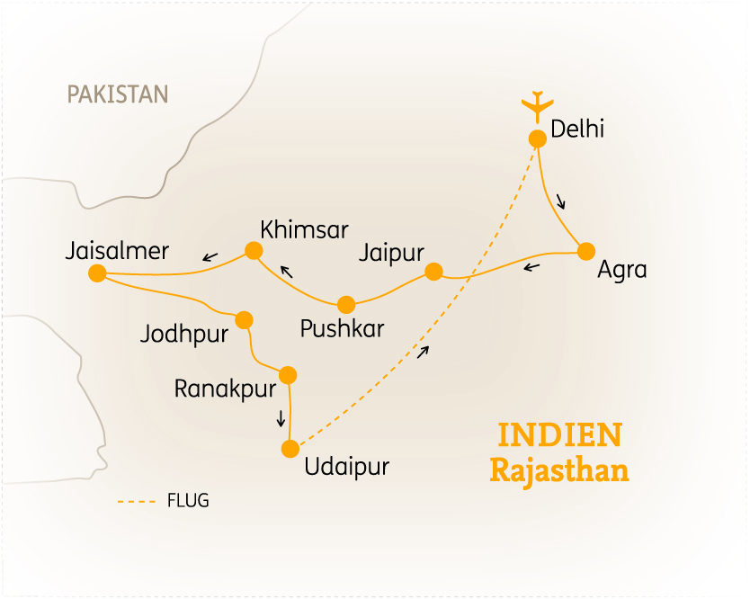 Karte von Indien mit den wichtigsten Städten in Rajasthan, einschließlich Delhi, Agra und Jaipur.