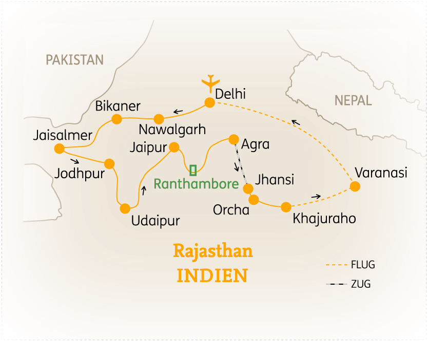 Karte von Indien mit wichtigen Städten und Reiserouten, einschließlich Delhi, Jaipur und Varanasi.