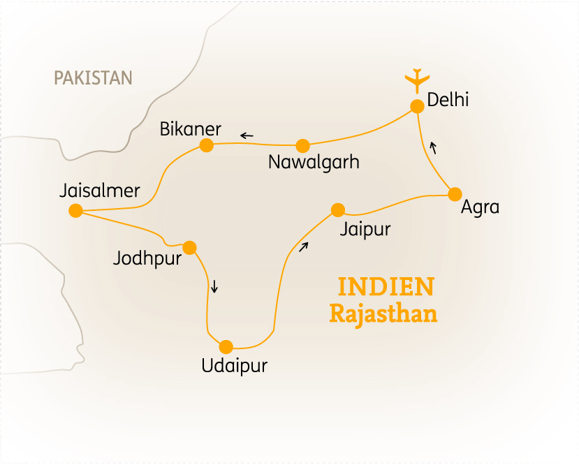 Karte von Indien mit den wichtigsten Städten in Rajasthan, einschließlich Delhi, Agra und Jaipur.