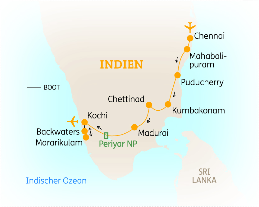 Karte von Indien mit wichtigen Städten und Sehenswürdigkeiten, einschließlich Periyar NP und dem Indischen Ozean.