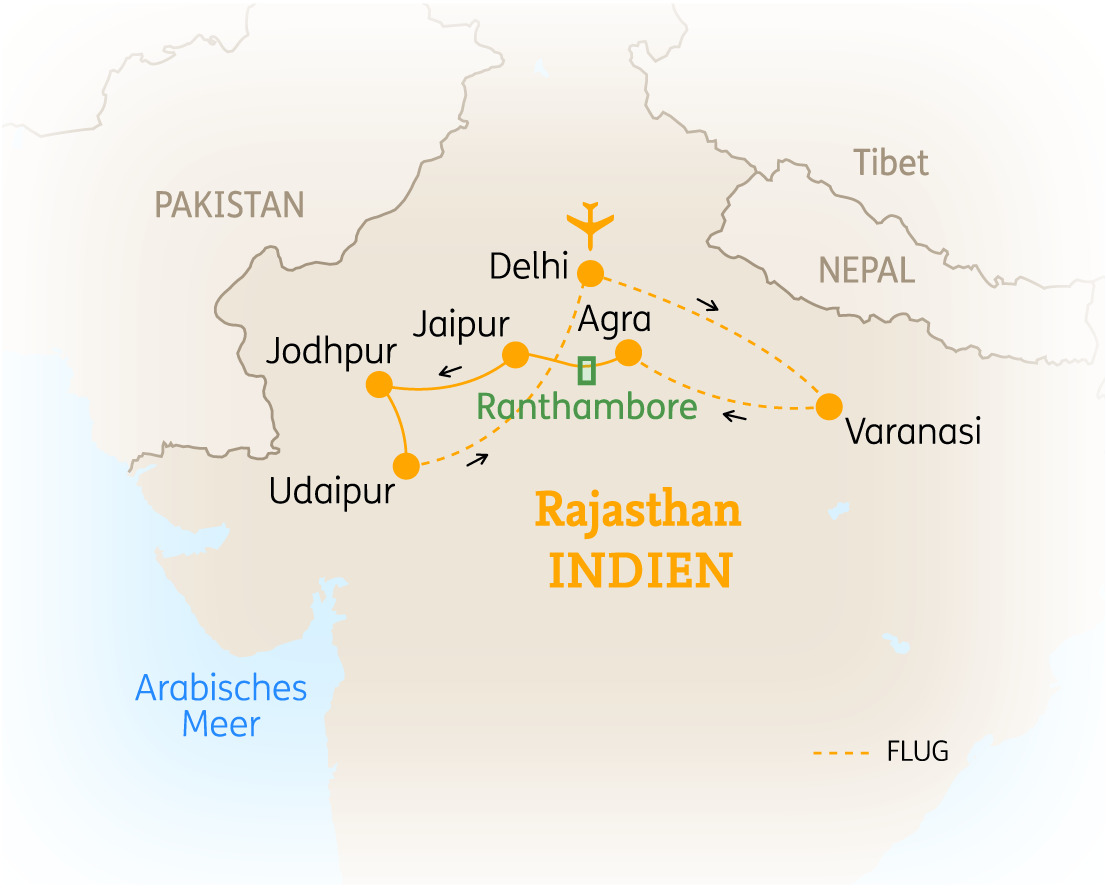 Karte von Indien mit den wichtigsten Städten in Rajasthan, einschließlich Delhi, Agra, Jaipur, Jodhpur, Udaipur und Varanasi.