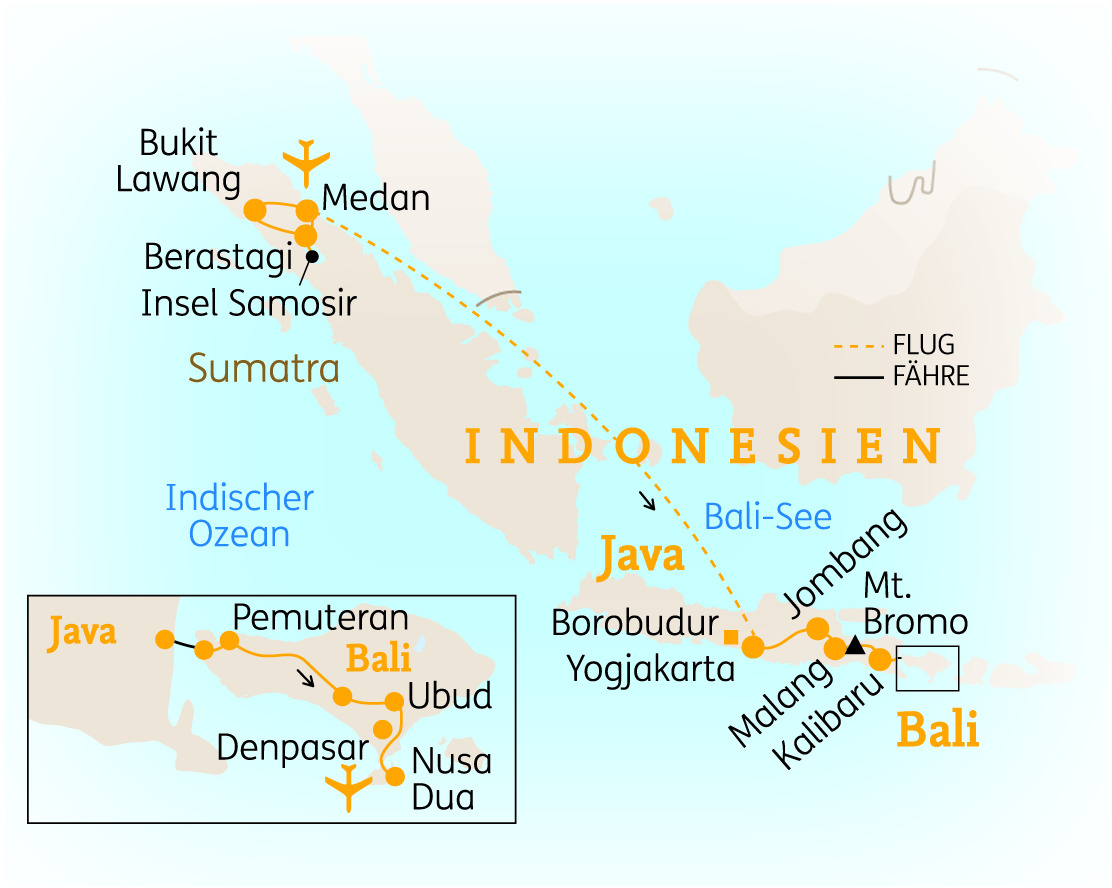 Karte von Indonesien mit wichtigen Städten und Sehenswürdigkeiten, einschließlich Bali, Java und Sumatra.