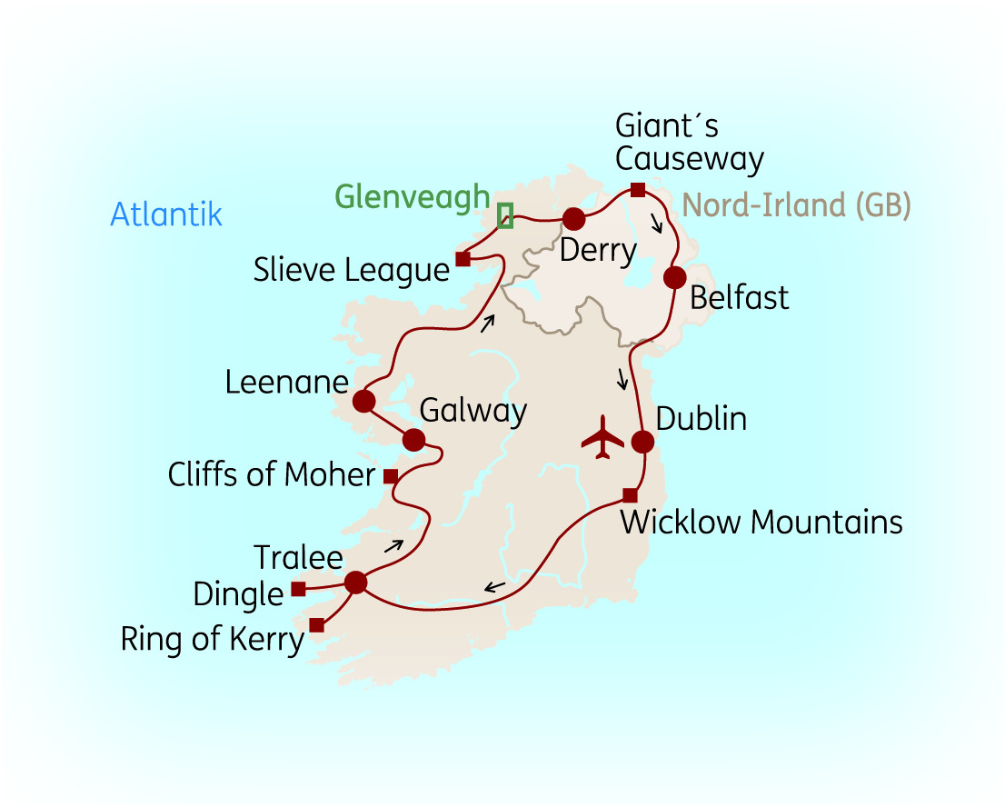 Karte von Irland mit wichtigen Sehenswürdigkeiten und Routen, einschließlich Dublin, Galway und den Cliffs of Moher.