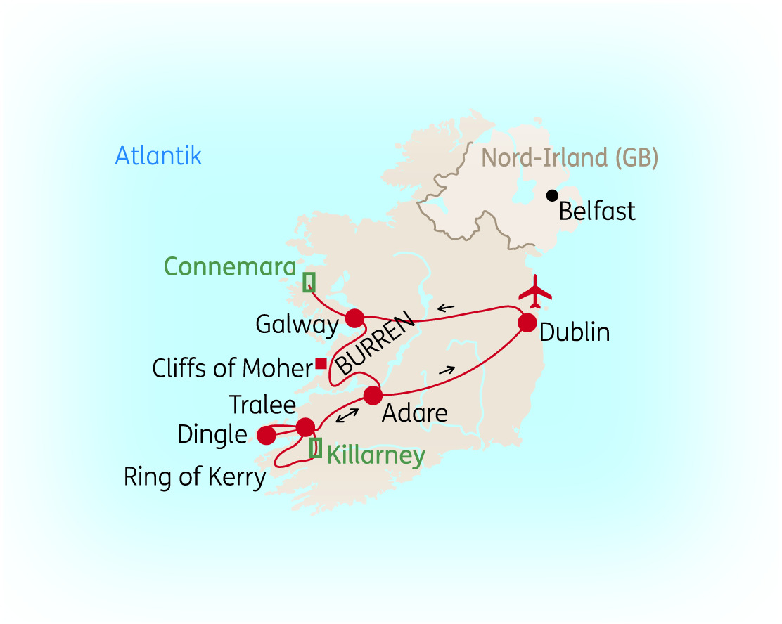 Karte von Irland mit wichtigen Städten und Sehenswürdigkeiten wie Dublin, Galway und den Cliffs of Moher.