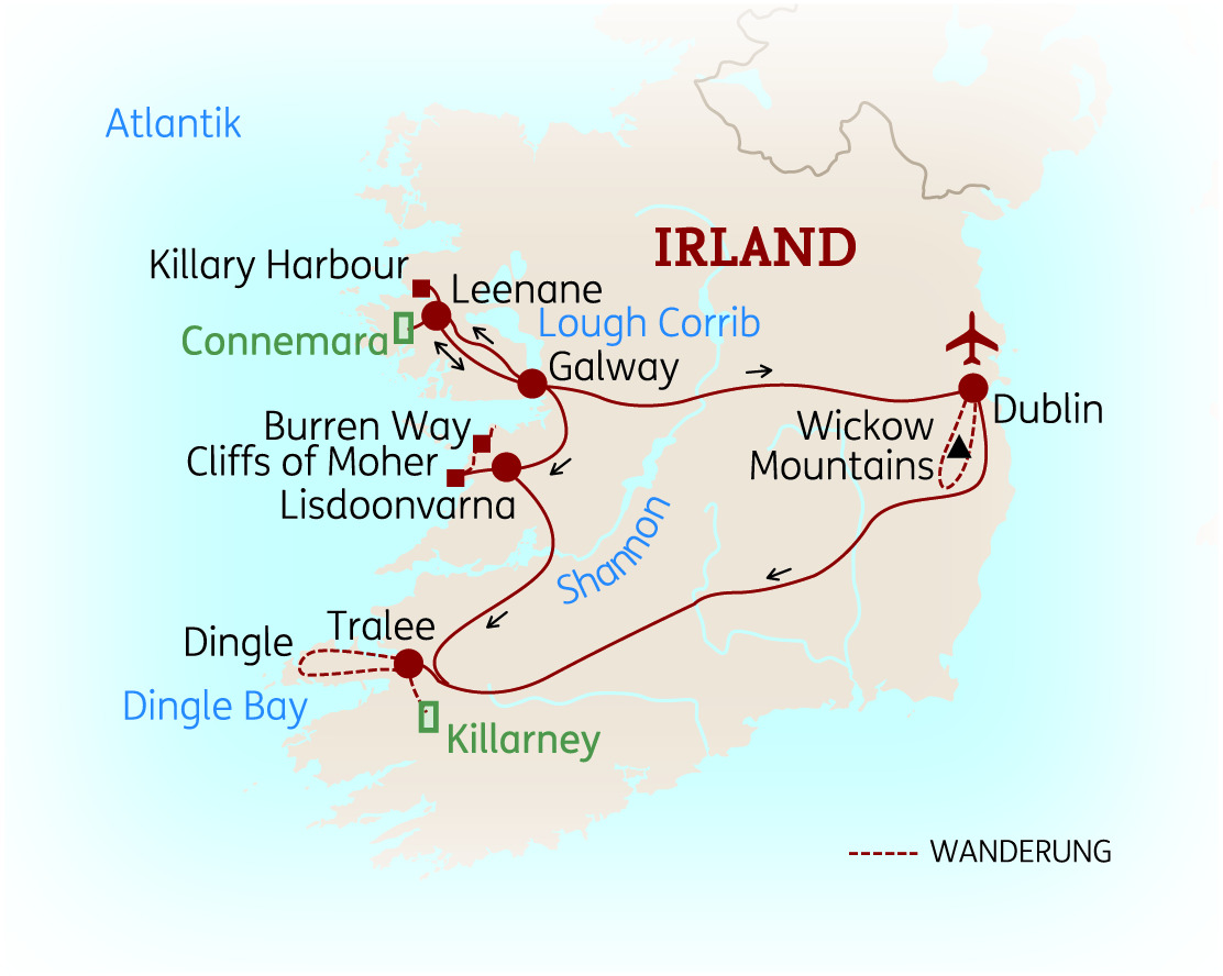 Karte von Irland mit wichtigen Orten wie Dublin, Galway und den Cliffs of Moher in klarer Darstellung.