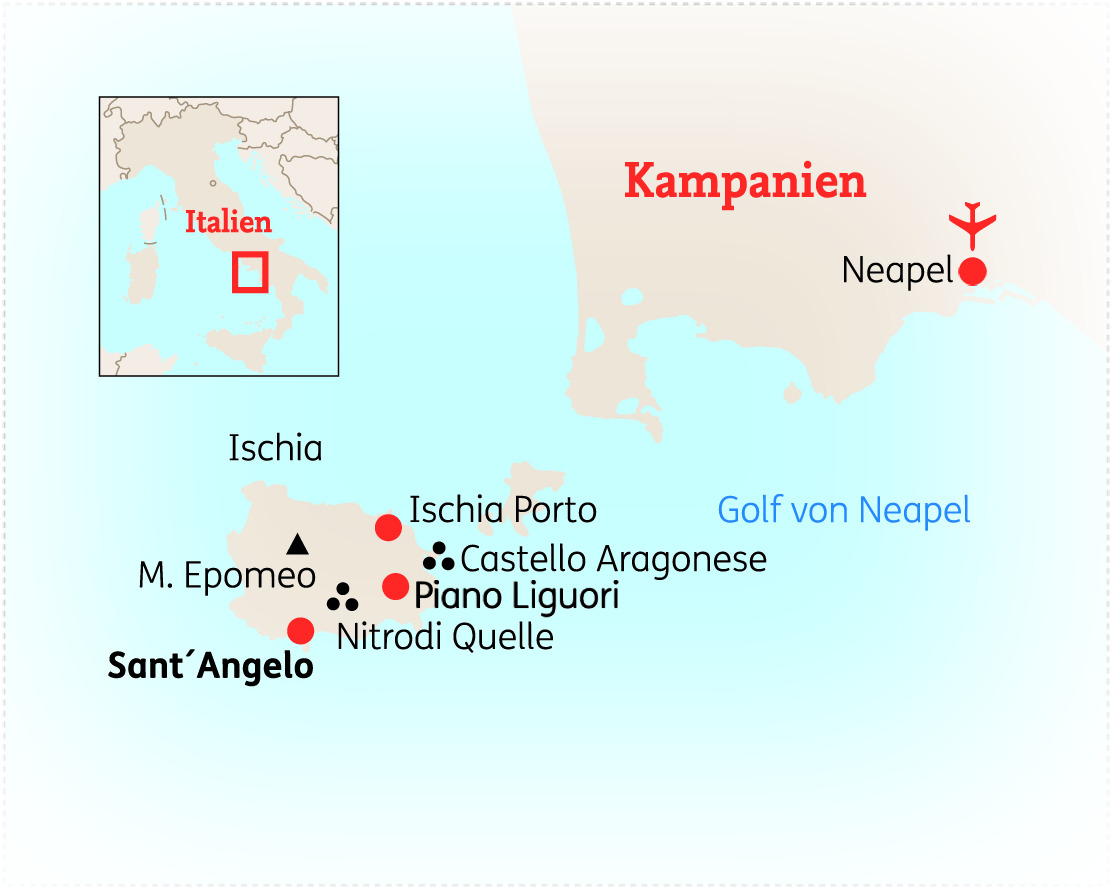 Karte von Ischia in Kampanien, Italien, mit wichtigen Orten und Neapel im Hintergrund.