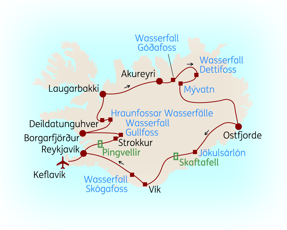 Karte von Island mit markierten Wasserfällen und Reiserouten, einschließlich Gullfoss und Dettifoss.