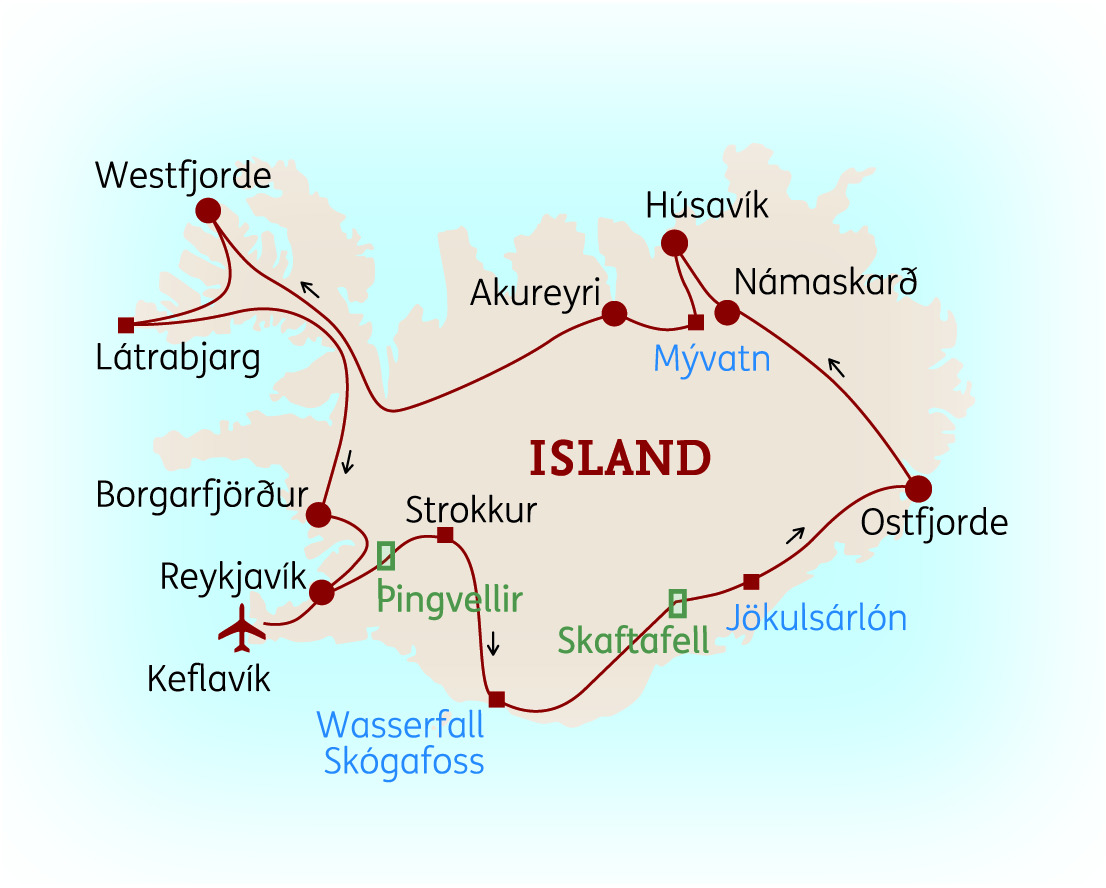 Karte von Island mit wichtigen Städten und Sehenswürdigkeiten, darunter Reykjavik und Skógafoss Wasserfall.