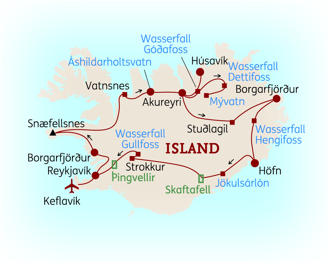 Karte von Island mit markierten Sehenswürdigkeiten und Routen für eine Rundreise.