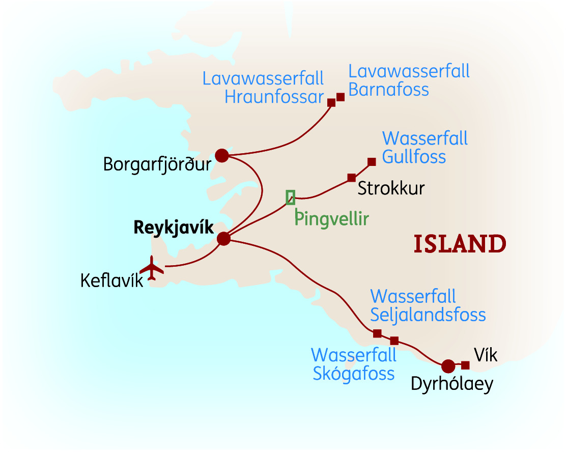 Karte von Island mit wichtigen Sehenswürdigkeiten und Städten, einschließlich Reykjavík und Wasserfällen.