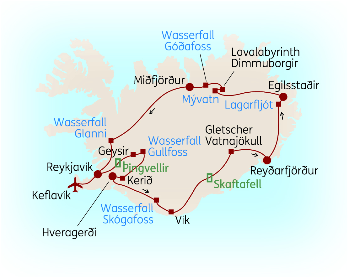 Karte von Island mit markierten Sehenswürdigkeiten und Routen für eine Rundreise.