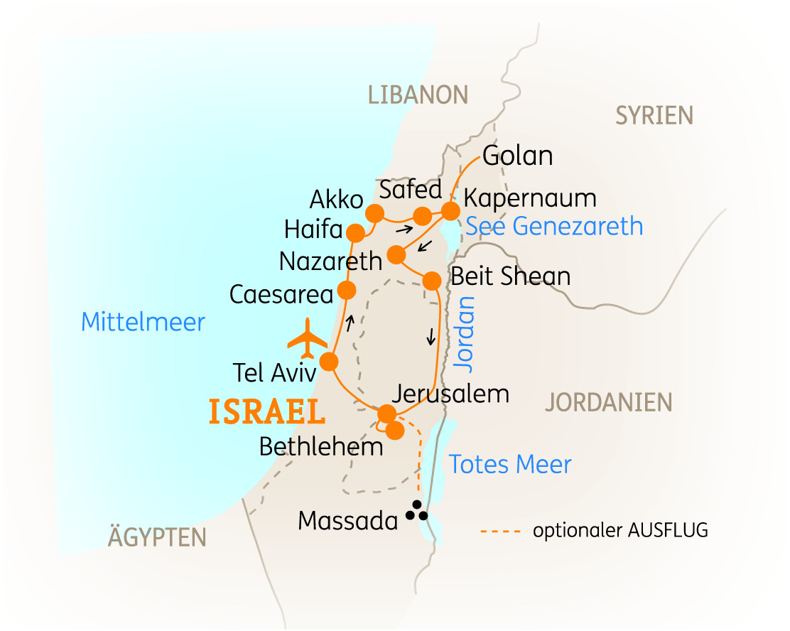 Karte von Israel mit wichtigen Städten und Sehenswürdigkeiten, einschließlich Tel Aviv, Jerusalem und dem Toten Meer.