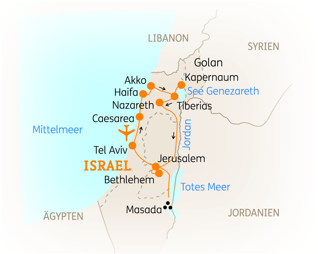 Karte von Israel mit wichtigen Städten und Sehenswürdigkeiten wie Jerusalem, Tel Aviv und Masada.